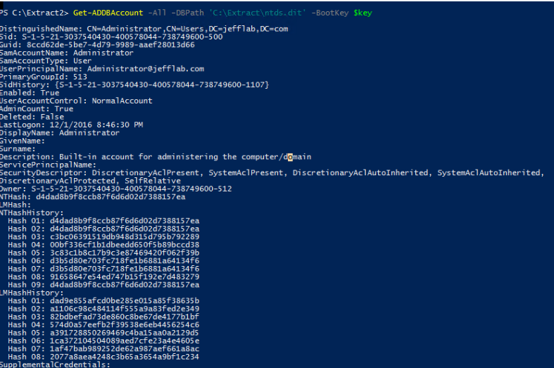 Retrieving account information from the Ntds.dit file using Get_ADDBAccount command, including NTLM hash.