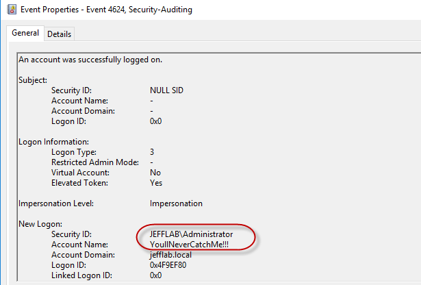 Logon event 4624 shows the golden ticket account data with the SID as administrator due to RID spoofing and the fake user account name