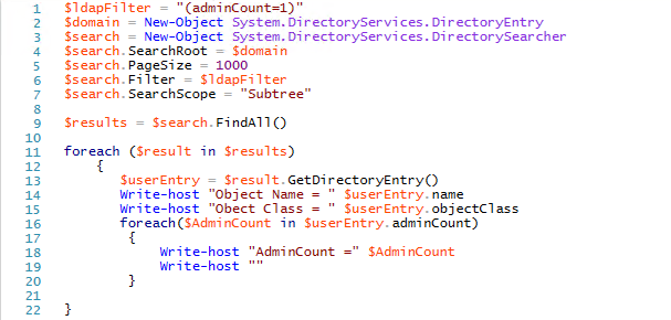 Using PowerShell and an LDAP filter to find Active Directory objects with adminCount=1 to see how extensive an attack against AdminSDHolder could be